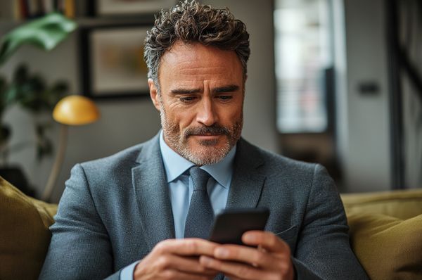 A man smiling as he reads a message on his phone | Source: Midjourney