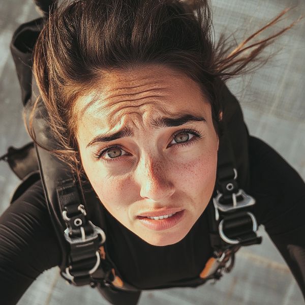 A woman in skydiving gear