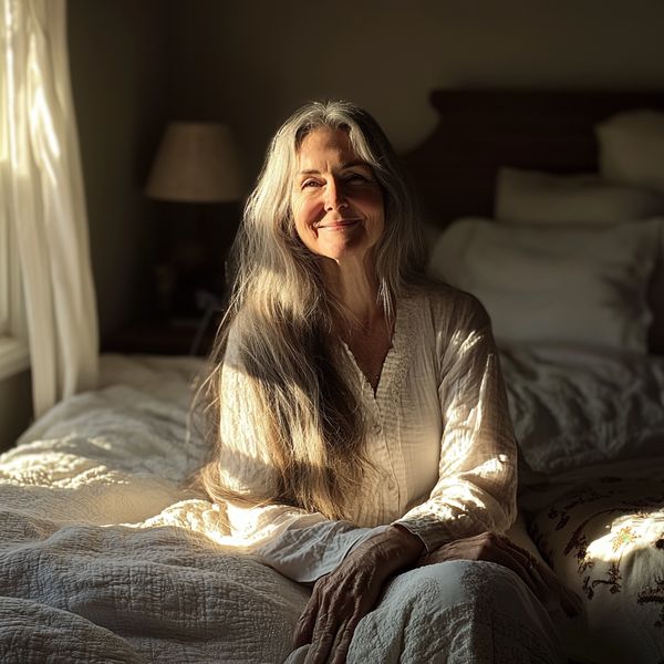 A smiling older woman sitting on a bed