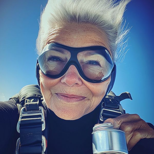 An old woman skydiving and holding a silver tin