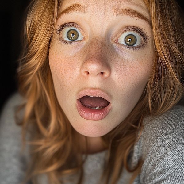 A close up of a shocked woman